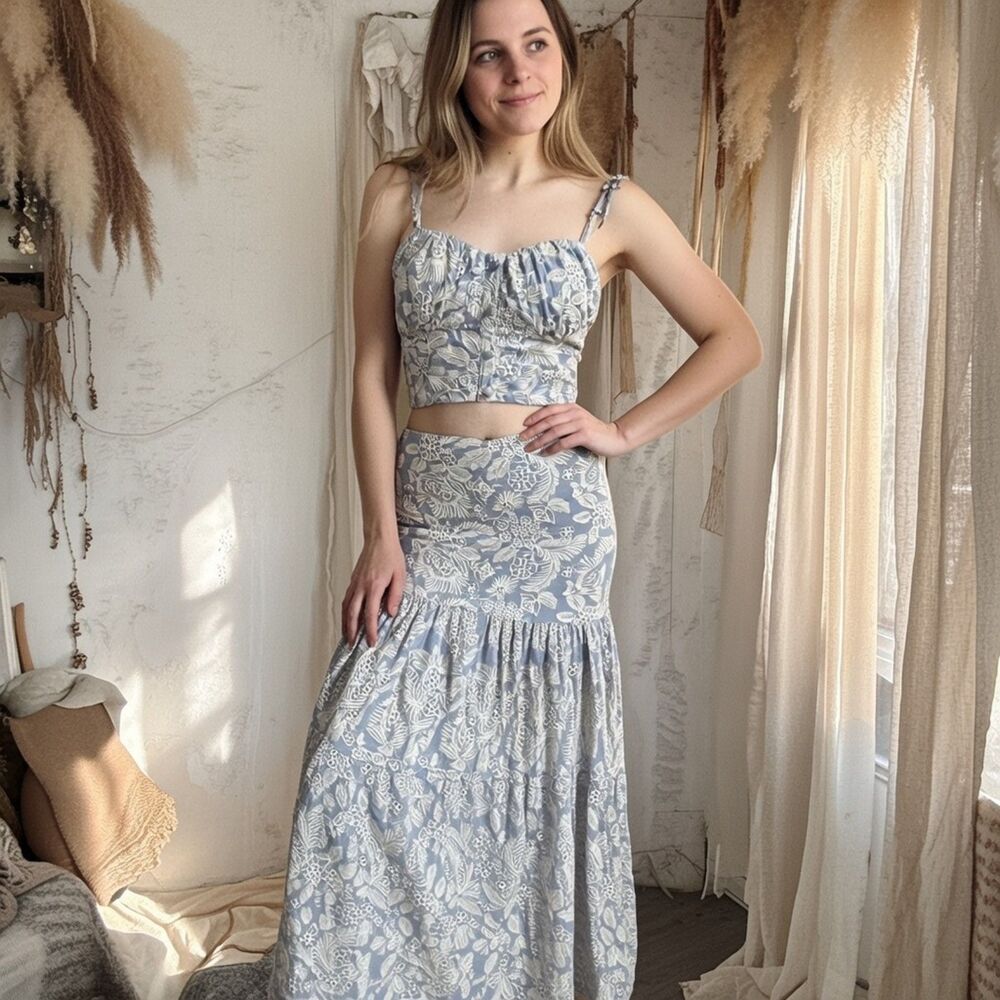 Studio F Boho Resort Beach Vacation Floral Crop & High Waisted Maxi Skirt Size 6